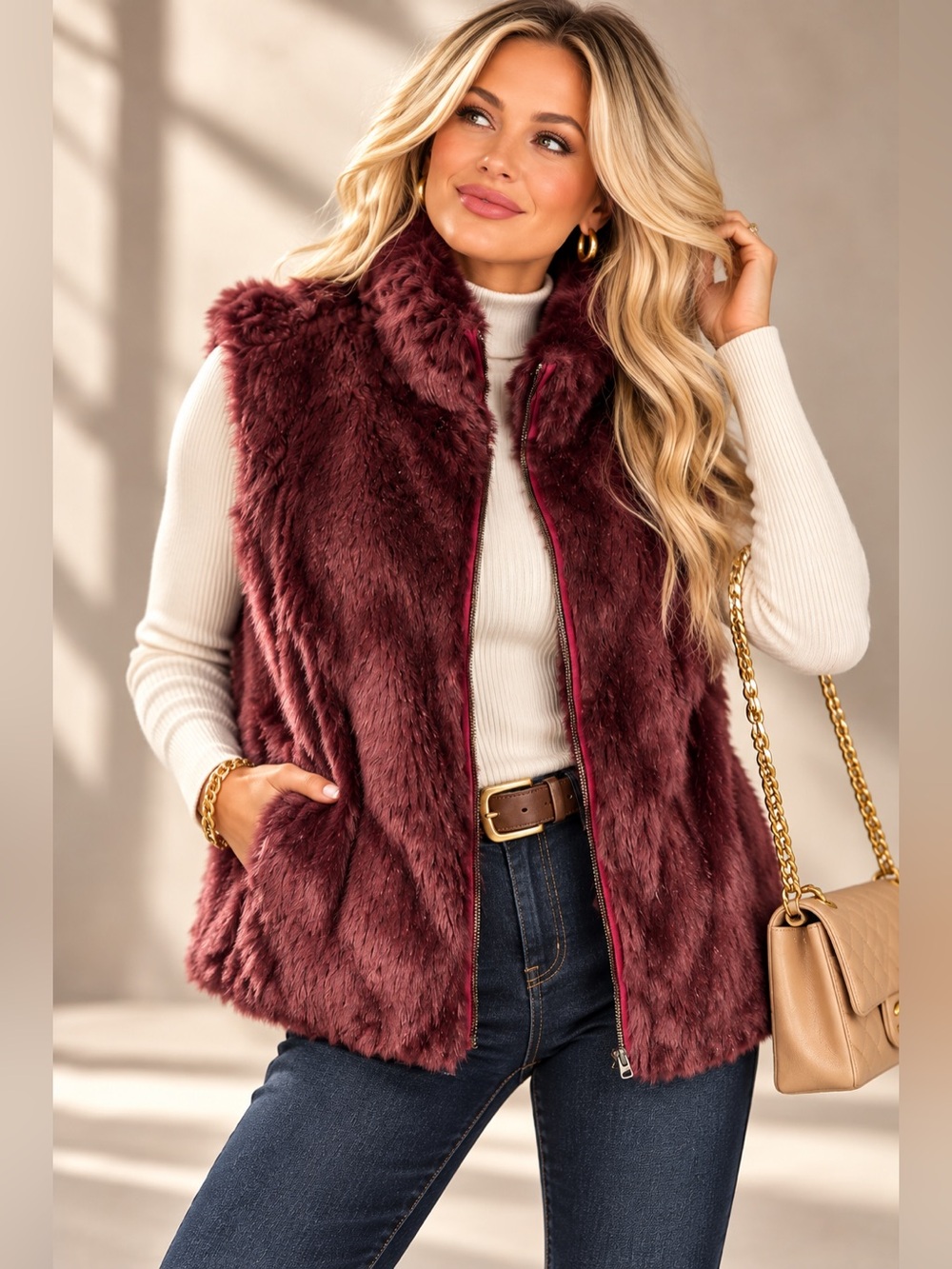 J.Crew Women’s Size Small Burgundy Faux Fur Zip Front Vest Plush Winter
